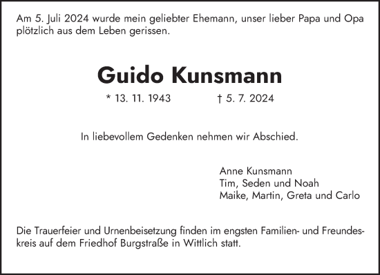 Todesanzeige von Guido Kunsmann von trierischer_volksfreund