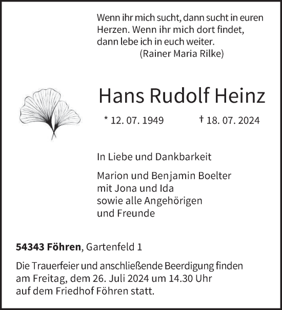 Todesanzeige von Hans Rudolf Heinz von trierischer_volksfreund