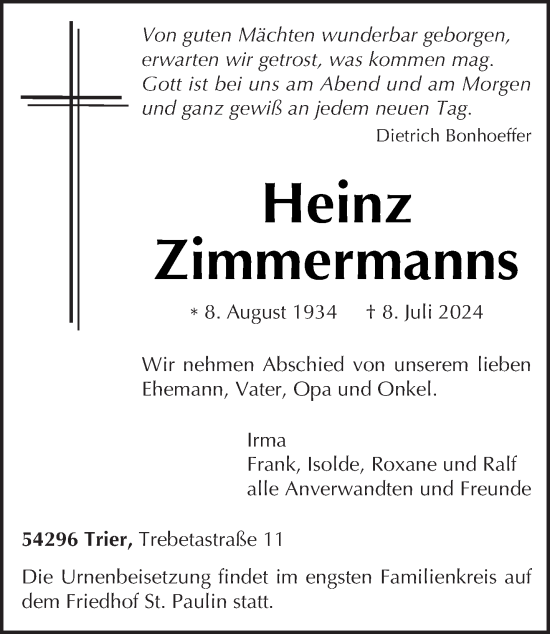 Todesanzeige von Heinz Zimmermanns von trierischer_volksfreund