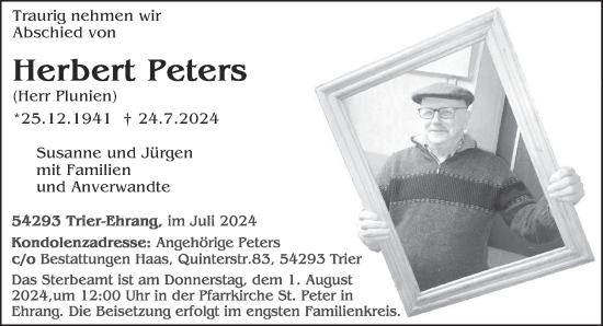 Todesanzeige von Herbert Peters von trierischer_volksfreund