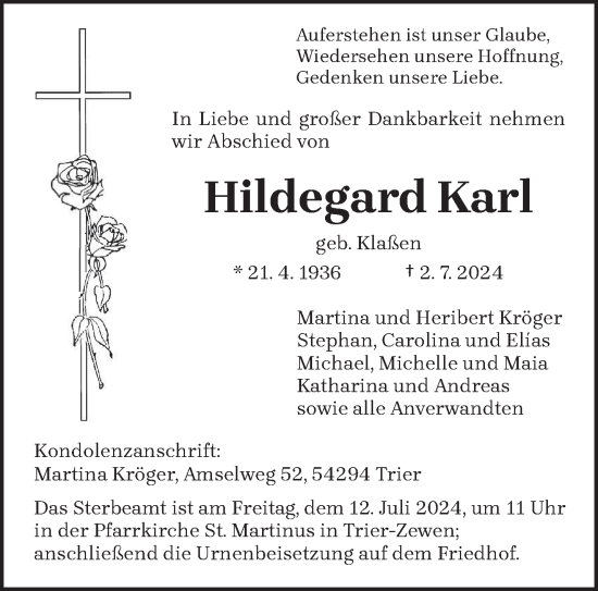 Todesanzeige von Hildegard Karl von trierischer_volksfreund