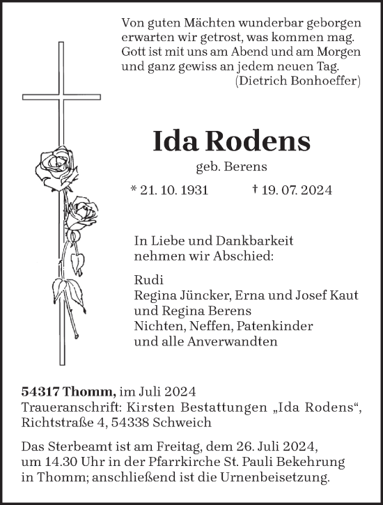 Todesanzeige von Ida Rodens von trierischer_volksfreund