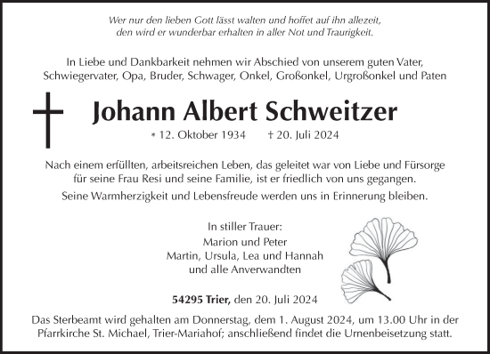 Todesanzeige von Johann Albert Schweitzer von trierischer_volksfreund