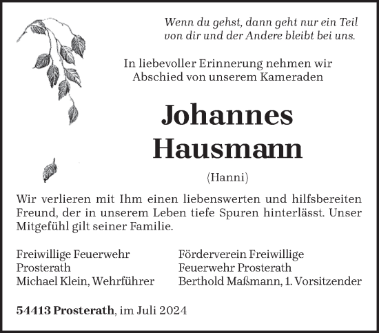 Todesanzeige von Johannes Hausmann von trierischer_volksfreund
