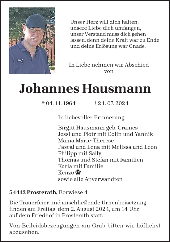 Todesanzeige von Johannes Hausmann von trierischer_volksfreund