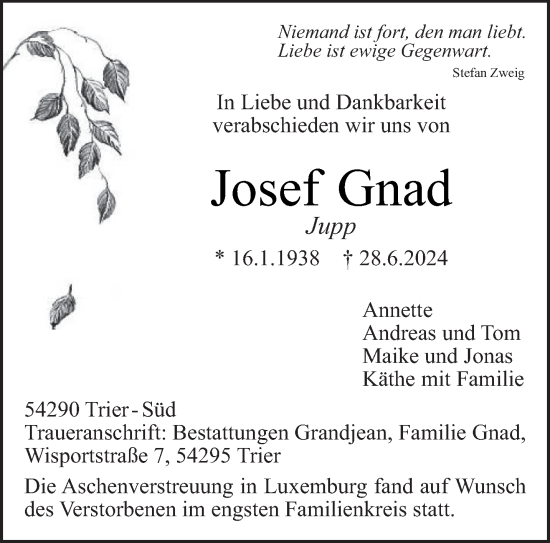 Todesanzeige von Josef Gnad von trierischer_volksfreund