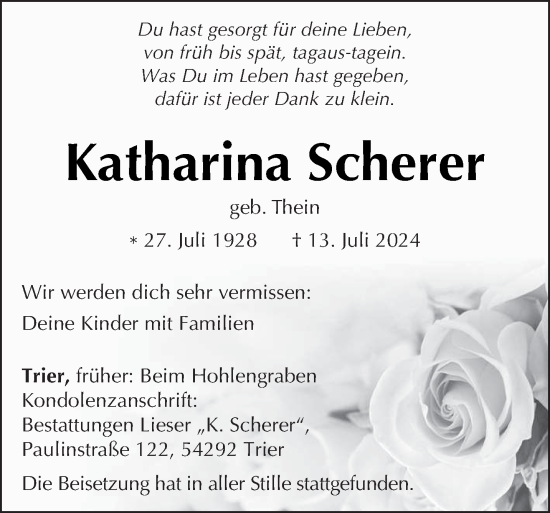 Todesanzeige von Katharina Scherer von trierischer_volksfreund