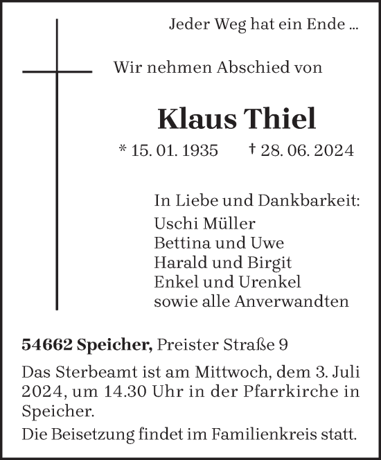 Todesanzeige von Klaus Thiel von trierischer_volksfreund