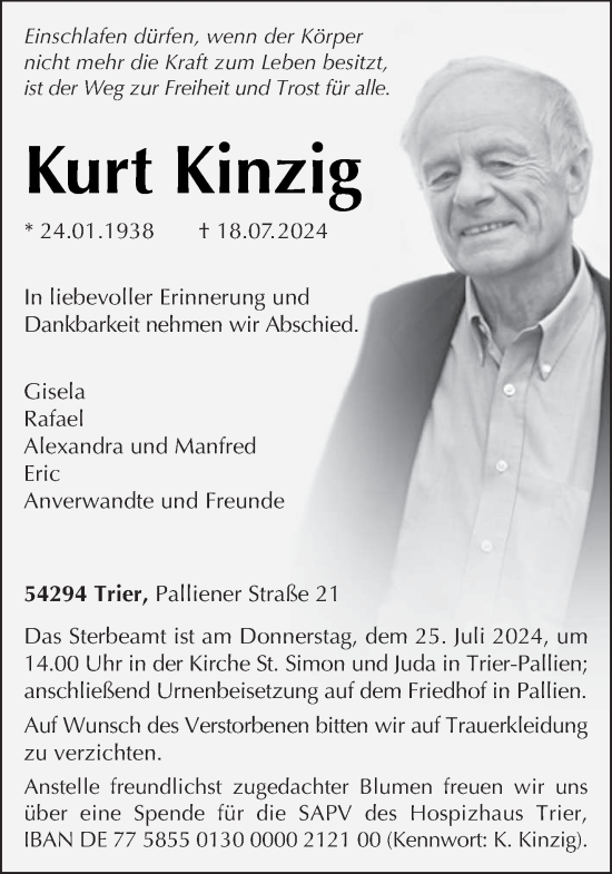 Todesanzeige von Kurt Kinzig von trierischer_volksfreund