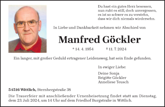 Todesanzeige von Manfred Göckler von trierischer_volksfreund