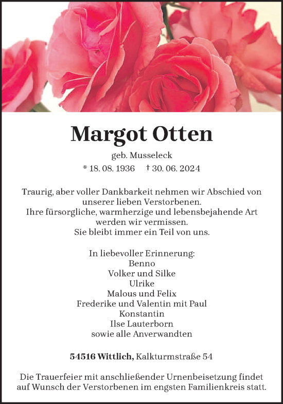 Todesanzeige von Margot Otten von trierischer_volksfreund