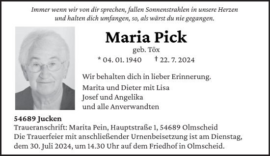 Todesanzeige von Maria Pick von trierischer_volksfreund