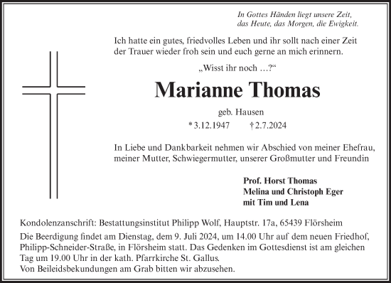Todesanzeige von Marianne Thomas von trierischer_volksfreund