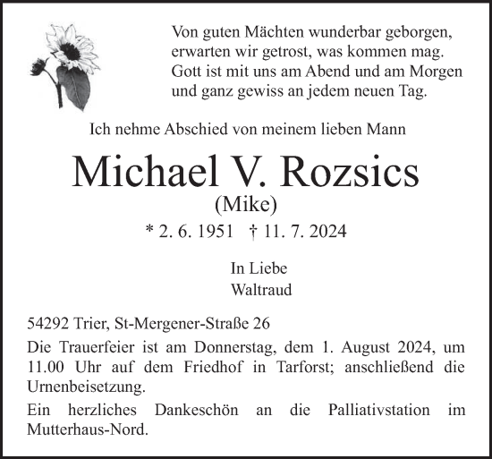 Todesanzeige von Michael Rozsics von trierischer_volksfreund