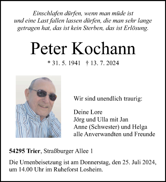 Todesanzeige von Peter Kochann von trierischer_volksfreund