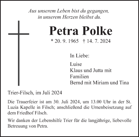 Todesanzeige von Petra Polke von trierischer_volksfreund