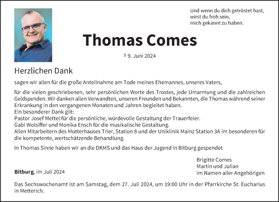 Todesanzeige von Thomas Comes von trierischer_volksfreund