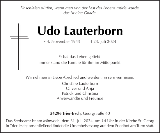 Todesanzeige von Udo Lauterborn von trierischer_volksfreund