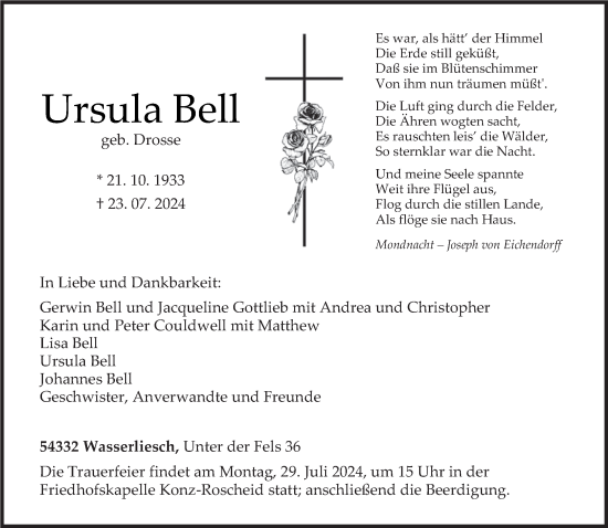 Todesanzeige von Ursula Bell von trierischer_volksfreund