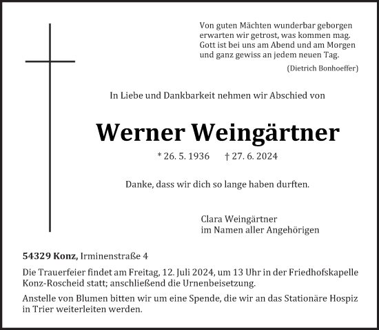 Todesanzeige von Werner Weingärtner von trierischer_volksfreund