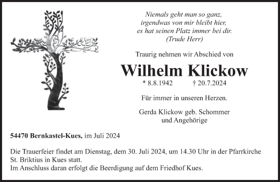 Todesanzeige von Wilhelm Klickow von trierischer_volksfreund