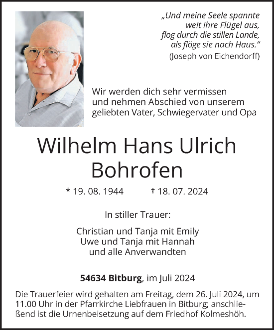 Todesanzeige von Wilhelm Hans Ulrich Bahrofen von trierischer_volksfreund