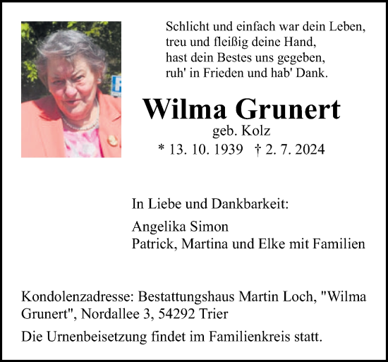 Todesanzeige von Wilma Grunert von trierischer_volksfreund