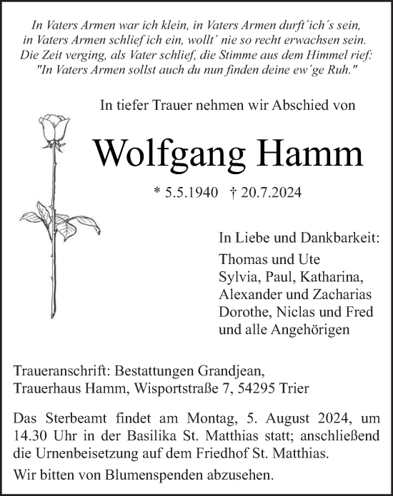 Todesanzeige von Wolfgang Hamm von trierischer_volksfreund