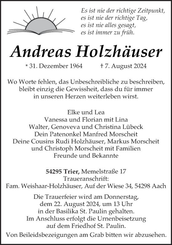 Todesanzeige von Andreas Holzhäuser von trierischer_volksfreund