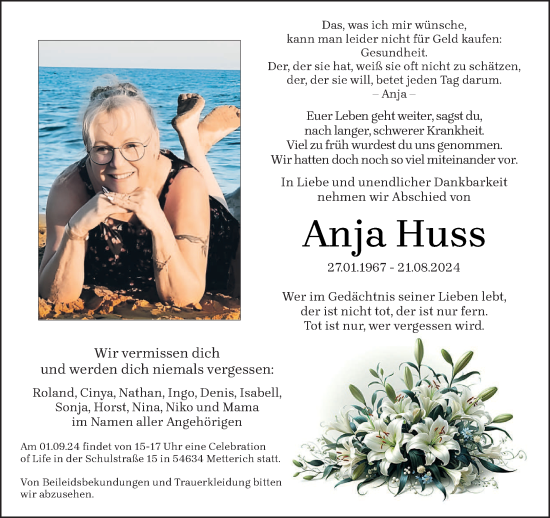 Todesanzeige von Anja Huss von trierischer_volksfreund