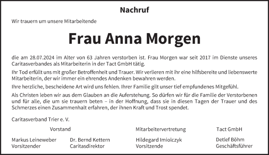 Todesanzeige von Anna Morgen von trierischer_volksfreund