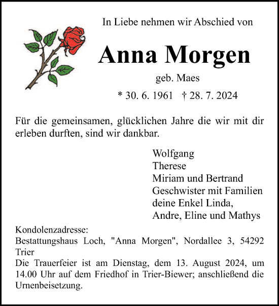 Todesanzeige von Anna Morgen von trierischer_volksfreund