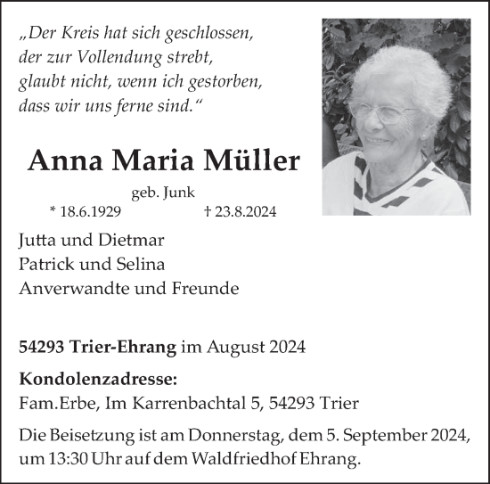 Todesanzeige von Anna Maria Müller von trierischer_volksfreund