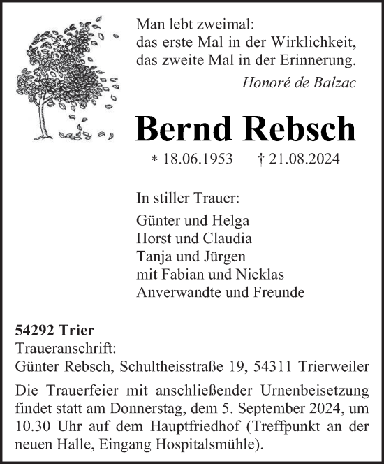 Todesanzeige von Bernd Rebsch von trierischer_volksfreund