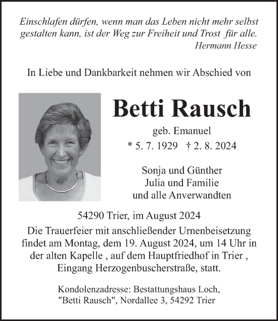 Todesanzeige von Betti Rausch von trierischer_volksfreund