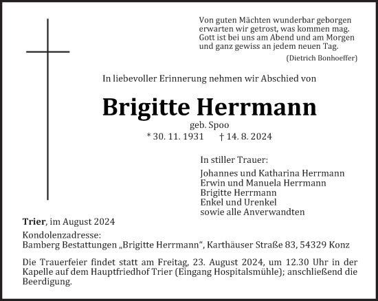 Todesanzeige von Brigitte Herrmann von trierischer_volksfreund