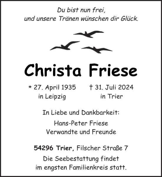 Todesanzeige von Christa Friese von trierischer_volksfreund