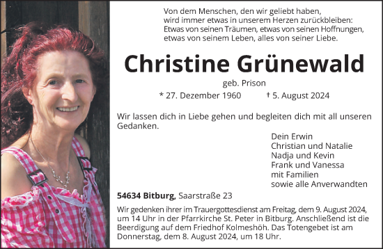 Todesanzeige von Christine Grünewald von trierischer_volksfreund