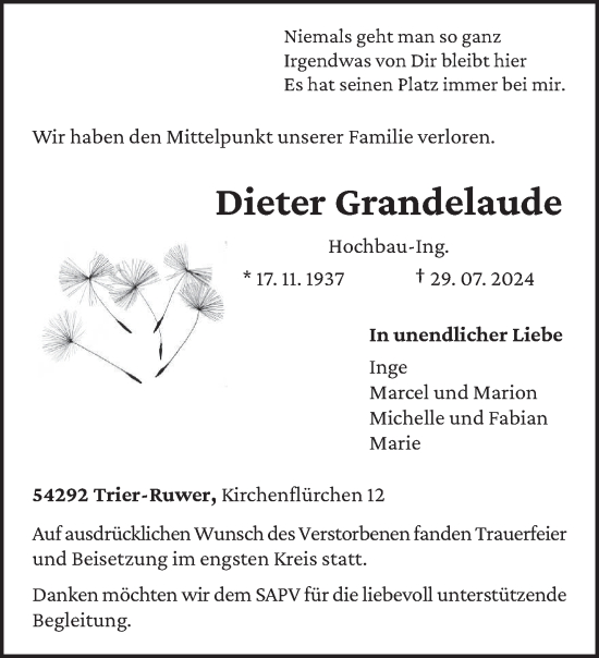 Todesanzeige von Dieter Grandelaude von trierischer_volksfreund