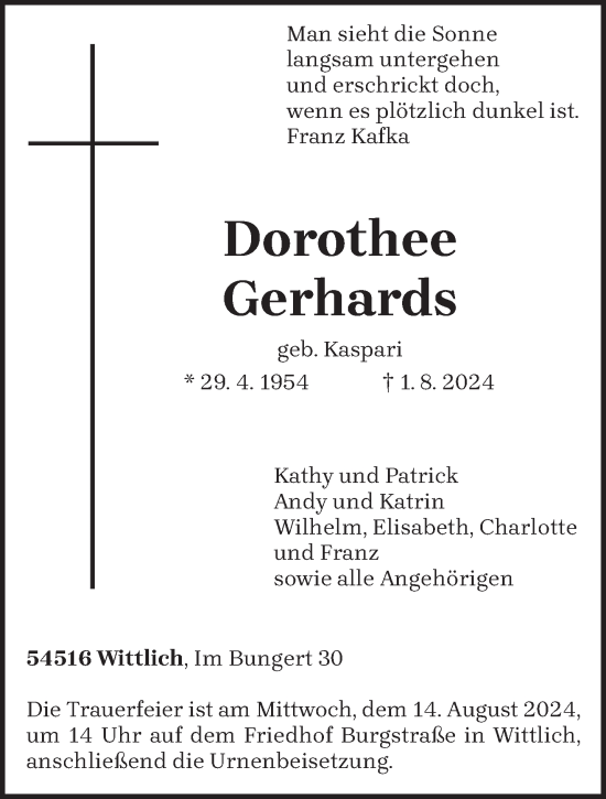 Todesanzeige von Dorothee Gerhards von trierischer_volksfreund