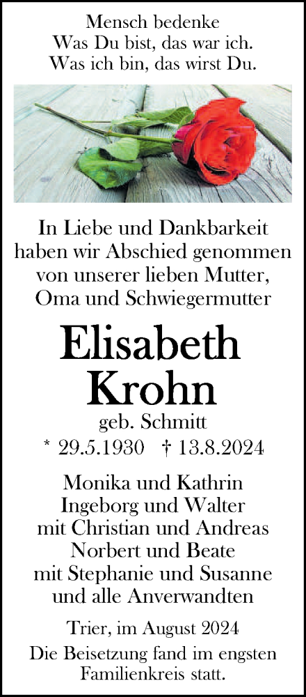 Todesanzeige von Elisabeth Krohn von trierischer_volksfreund