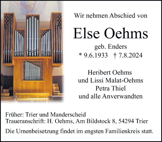 Todesanzeige von Else Oehms von trierischer_volksfreund