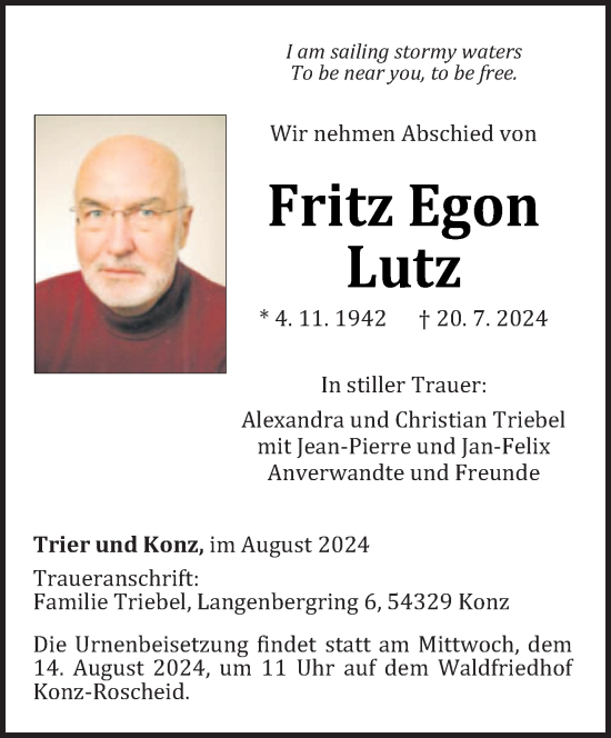 Todesanzeige von Fritz Egon Lutz von trierischer_volksfreund