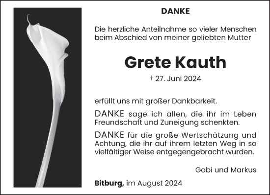 Todesanzeige von Grete Kauth von trierischer_volksfreund