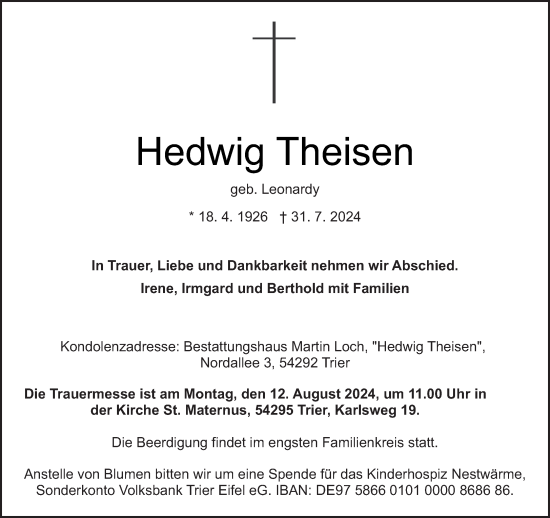 Todesanzeige von Hedwig Theisen von trierischer_volksfreund