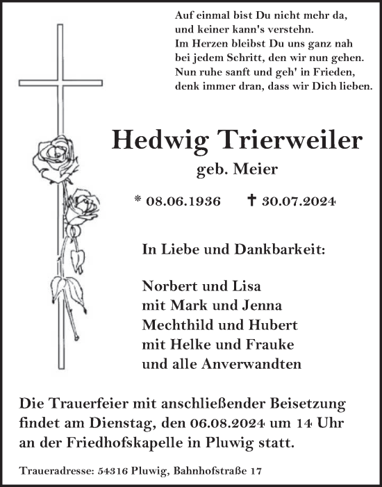 Todesanzeige von Hedwig Trierweiler von trierischer_volksfreund