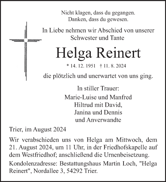 Todesanzeige von Helga Remert von trierischer_volksfreund