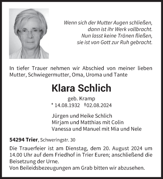 Todesanzeige von Klara Schlich von trierischer_volksfreund