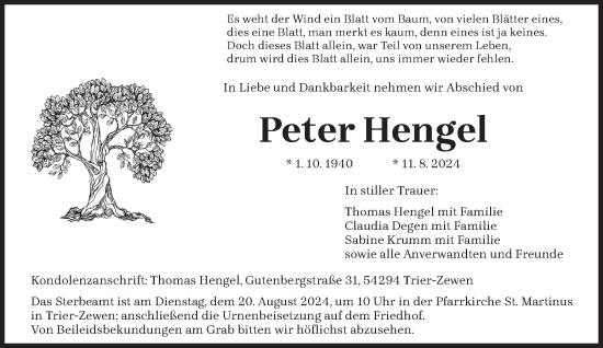 Todesanzeige von Peter Hengel von trierischer_volksfreund