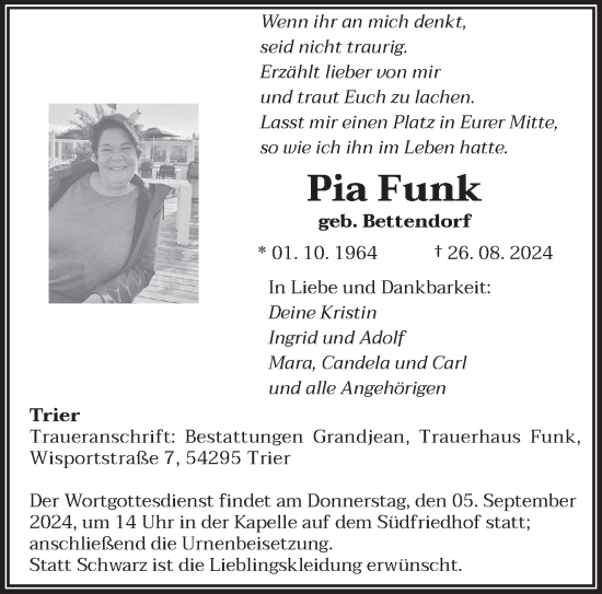 Todesanzeige von Pia Funk von trierischer_volksfreund